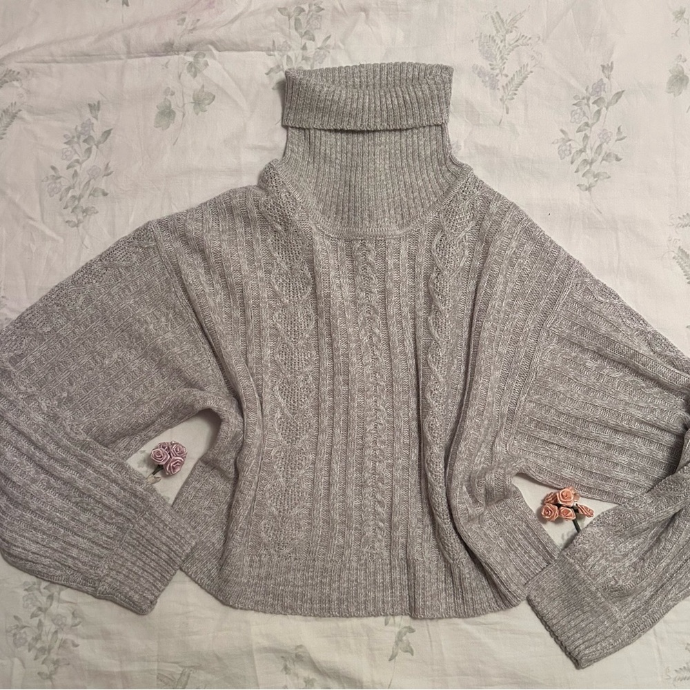 Gray Turtleneck Cable Knit Sweater